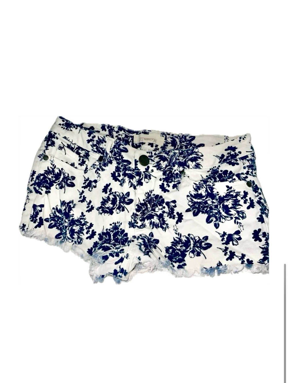 Navy Blue Floral Toile Low Rise Frayed Denim Micro Jean Shorts 27 Cowgirl